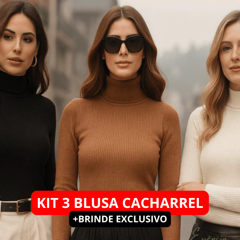 Kit 3 Blusas Cacharrel Gola Alta Manga Longa Canelada SoftGlow {+BRINDE EXCLUSIVO}